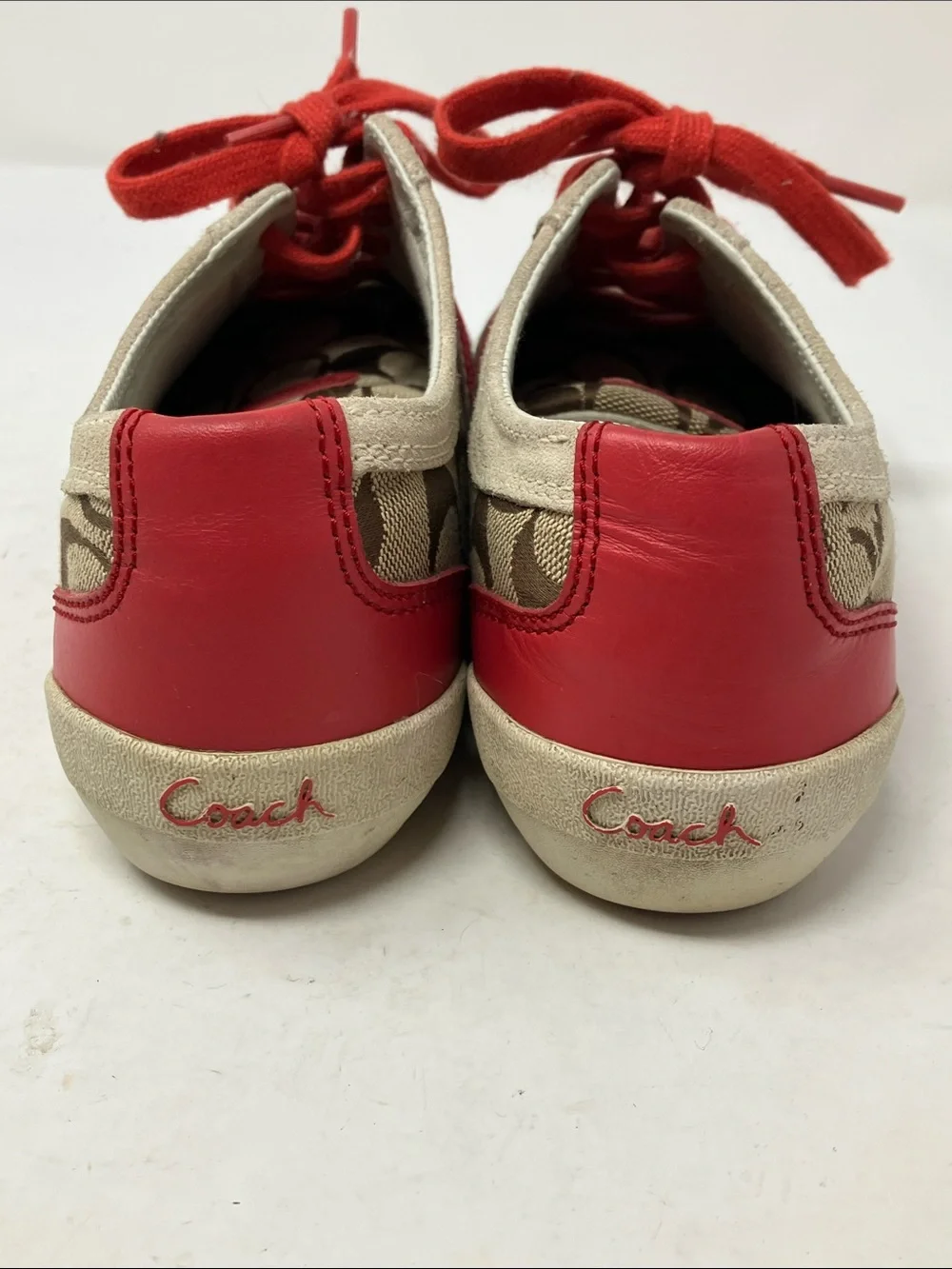 Coach Baylee Signature C Canvas Suede Sneakers Red Tan Sz 7.5 A1474